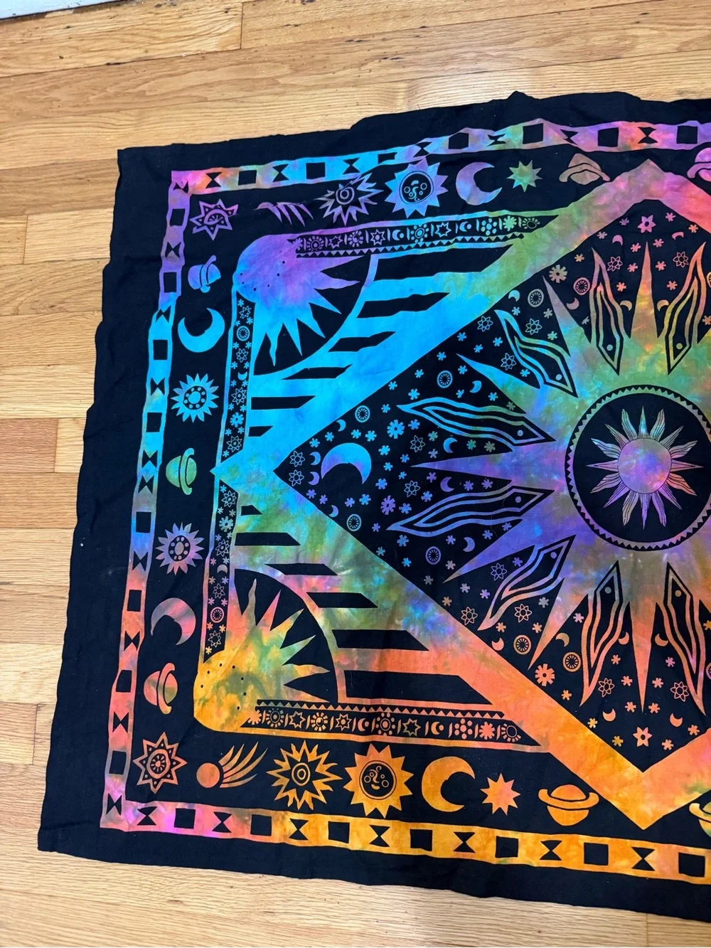 Celestial Sun Moon Tapestry Wall Hanging Tie Dye Hippie Boho Black 43” x 29”